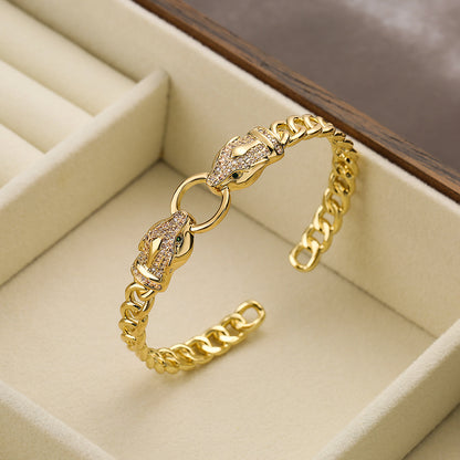 Hip-hop Leopard Copper 18k Gold Plated Pearl Zircon Bangle In Bulk