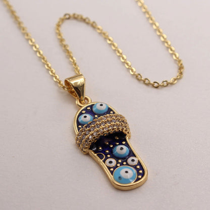 Ethnic Style Slippers Eye Copper Inlay Zircon 18k Gold Plated Pendant Necklace