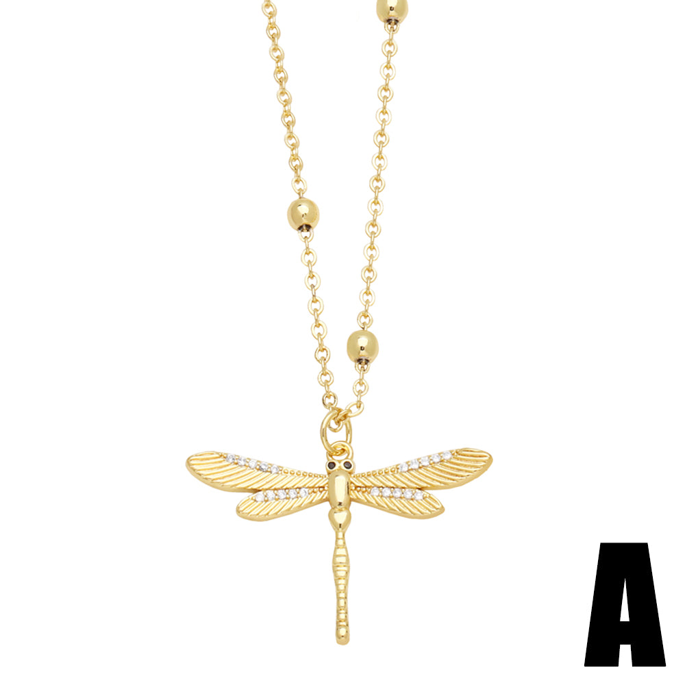 Japanese Style Dragonfly Copper Plating Inlay Zircon 18k Gold Plated Pendant Necklace