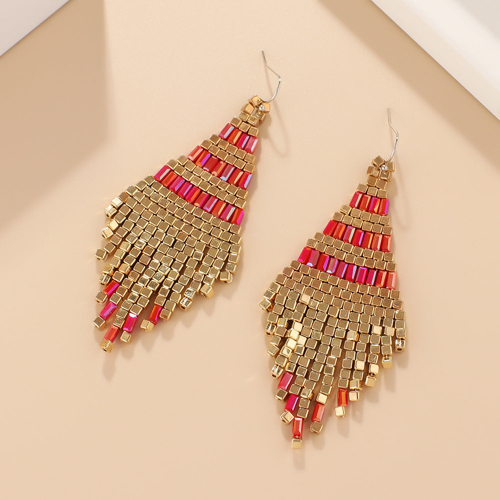 Wholesale Jewelry 1 Pair Bohemian Color Block Seed Bead Drop Earrings