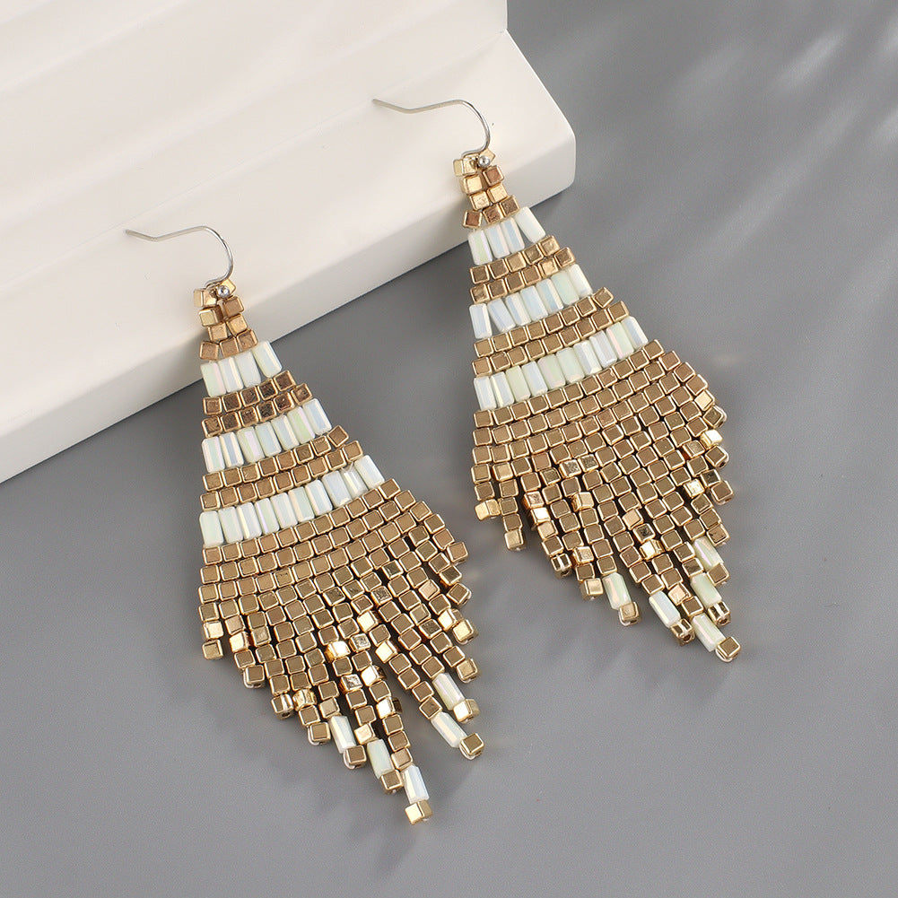 Wholesale Jewelry 1 Pair Bohemian Color Block Seed Bead Drop Earrings