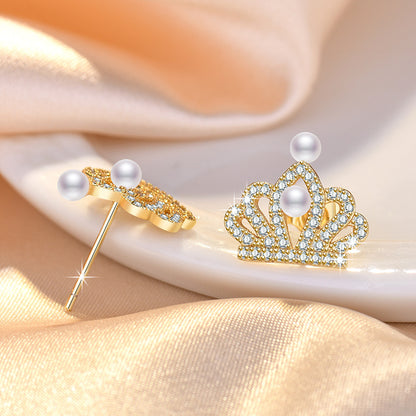 1 Pair Sweet Leaf Crown Bow Knot Imitation Pearl Copper Inlay Rhinestones Earrings