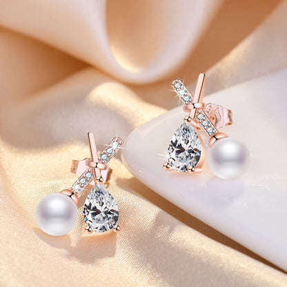 1 Pair Sweet Leaf Crown Bow Knot Imitation Pearl Copper Inlay Rhinestones Earrings