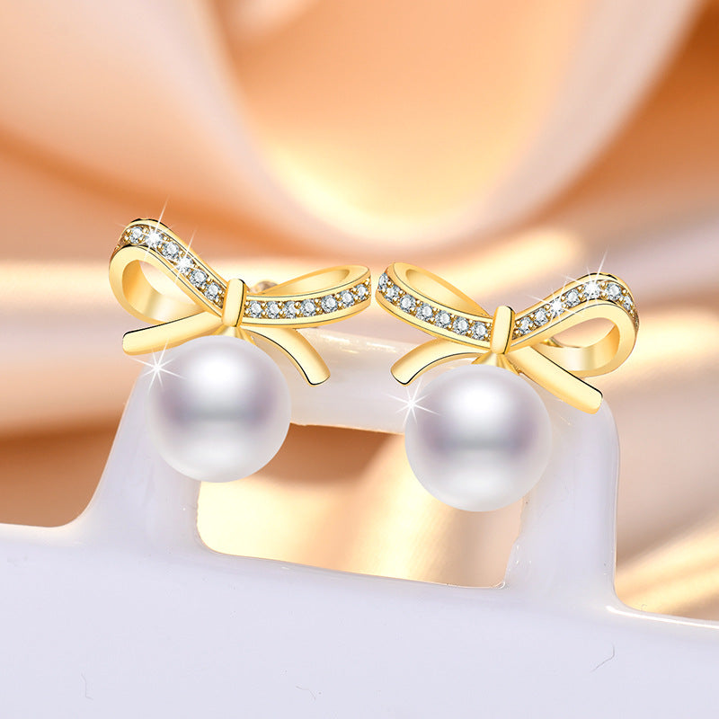 1 Pair Sweet Leaf Crown Bow Knot Imitation Pearl Copper Inlay Rhinestones Earrings