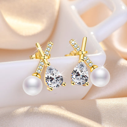 1 Pair Sweet Leaf Crown Bow Knot Imitation Pearl Copper Inlay Rhinestones Earrings