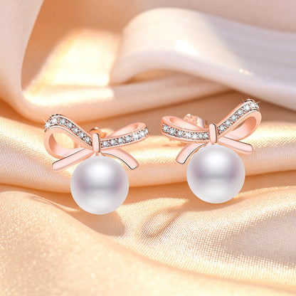 1 Pair Sweet Leaf Crown Bow Knot Imitation Pearl Copper Inlay Rhinestones Earrings