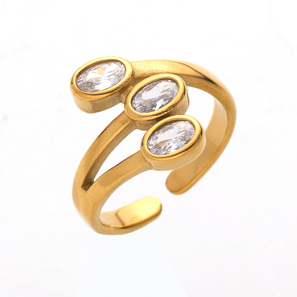 Retro Oval Titanium Steel Inlay Zircon Rings 1 Piece