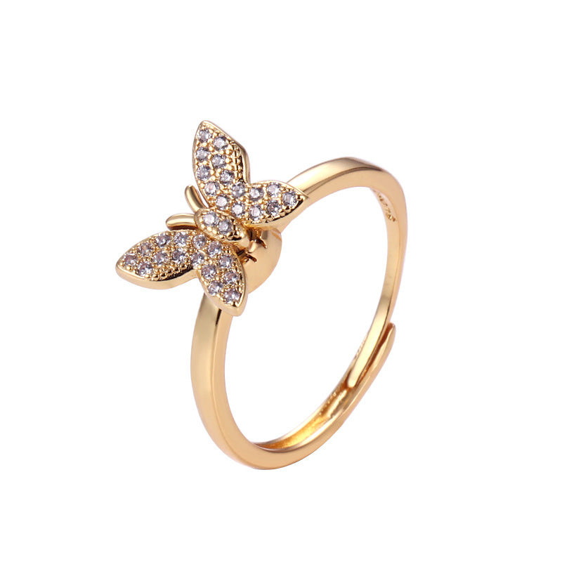 Retro Butterfly Brass Plating Inlay Zircon 24k Gold Plated Rings