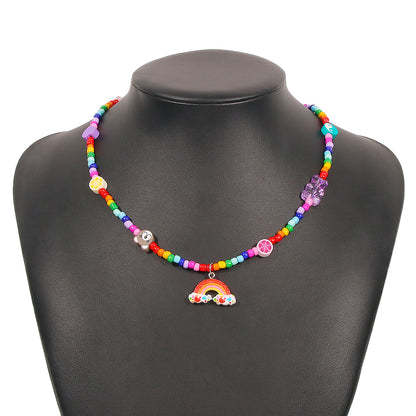 Vacation Little Bear Rainbow Heart Shape Alloy Seed Bead Soft Clay Inlay Resin Women's Pendant Necklace