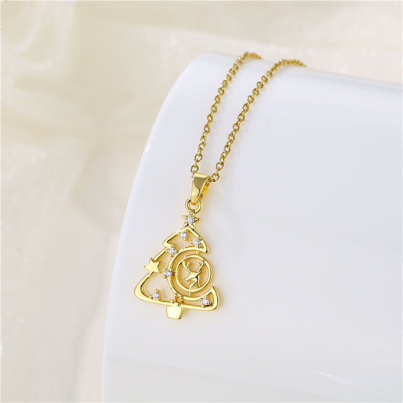 Wholesale Korean Style Christmas Tree Heart Shape Flower Stainless Steel Titanium Steel 18k Gold Plated Gold Plated Zircon Pendant Necklace