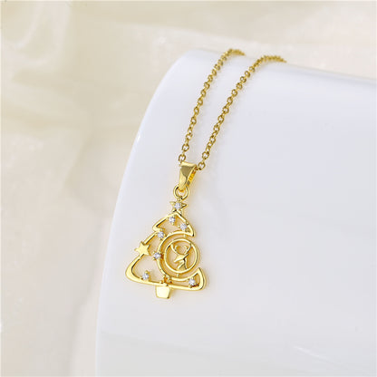 Wholesale Korean Style Christmas Tree Heart Shape Flower Stainless Steel Titanium Steel 18k Gold Plated Gold Plated Zircon Pendant Necklace