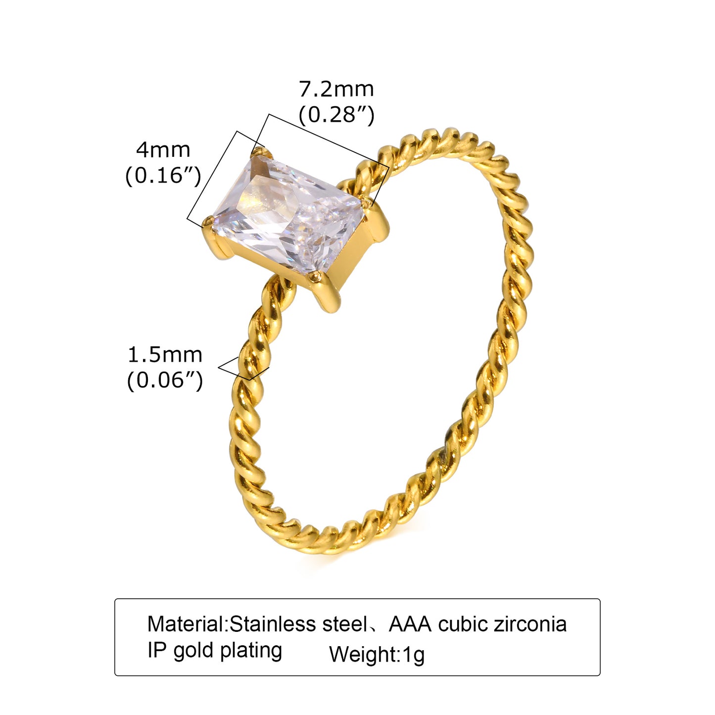 Simple Style Rectangle Stainless Steel Inlay Zircon 18k Gold Plated Rings