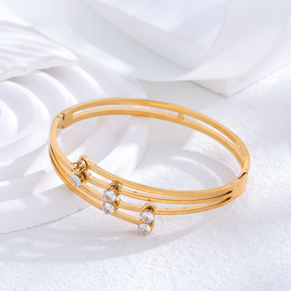 Wholesale Classic Style Stripe Butterfly Titanium Steel 24k Gold Plated Rhinestones Cuff Bracelets Bangle