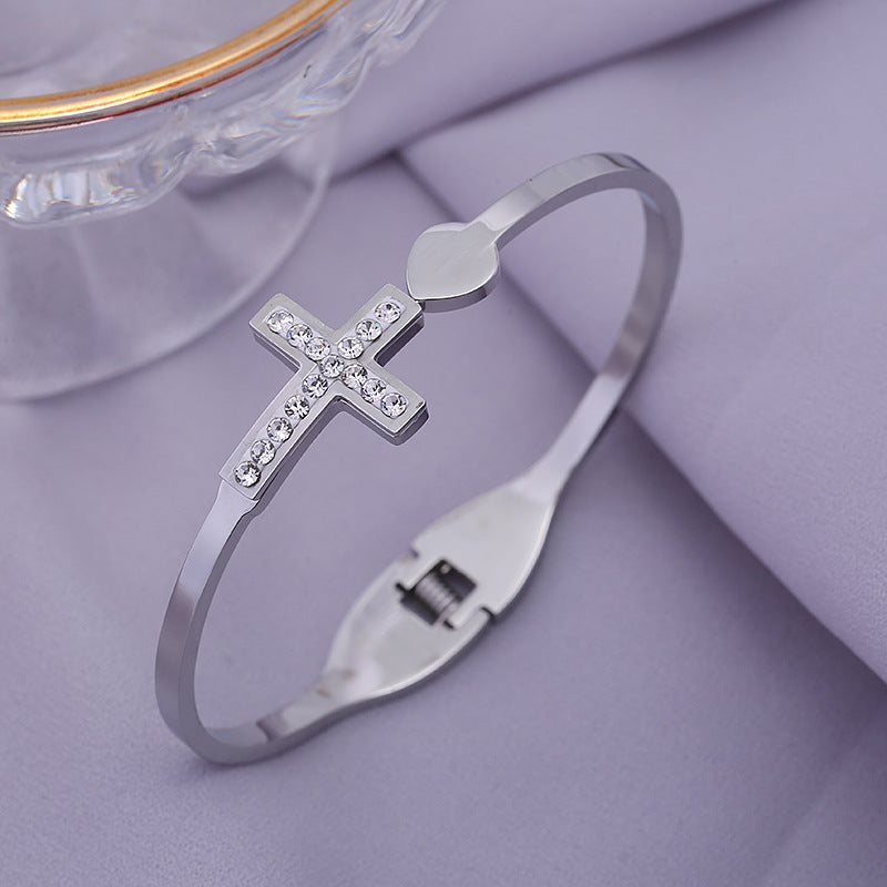 Wholesale Lady Cross Stainless Steel Artificial Gemstones Bangle