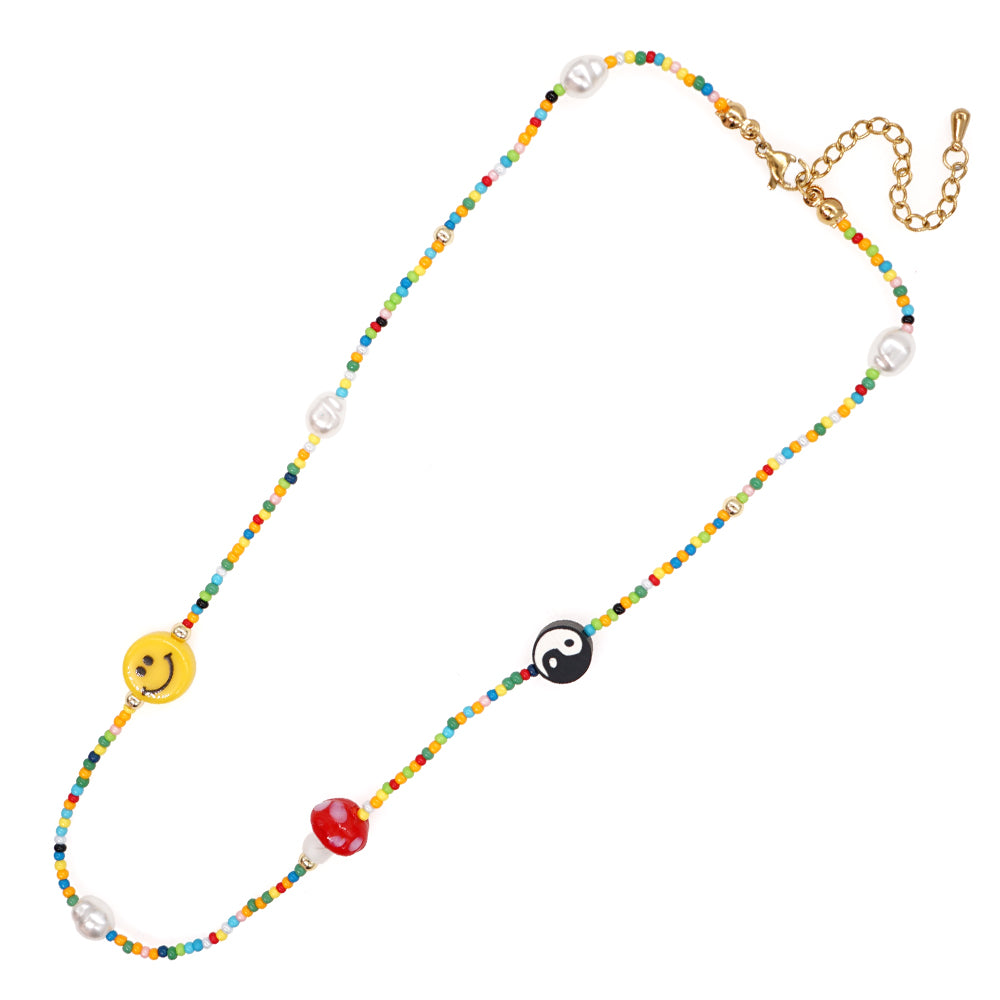 Cute Smiley Face Mushroom Artificial Pearl Soft Clay Beaded Women's Necklace