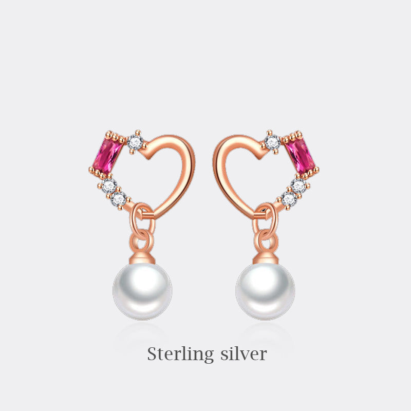 1 Pair Sweet Letter Heart Shape Flower Imitation Pearl Sterling Silver Copper Inlay Zircon Earrings