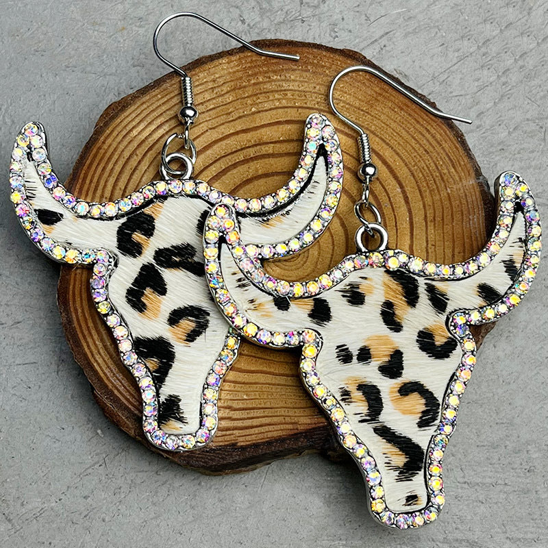 Wholesale Jewelry 1 Pair Ethnic Style Cattle Leopard Pu Leather Alloy Rhinestone Drop Earrings