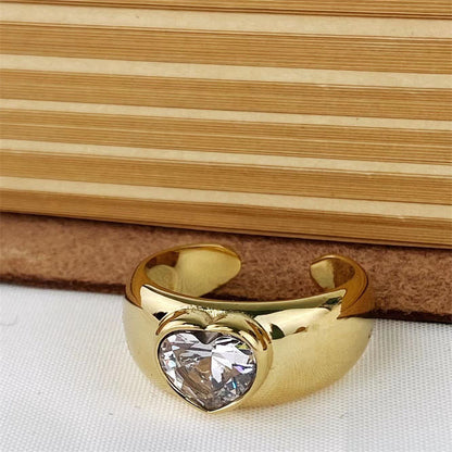 Wholesale Simple Style Heart Shape Stainless Steel Zircon Wide Band Ring