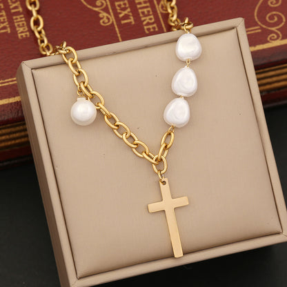 Wholesale Baroque Style Irregular Cross Heart Shape Stainless Steel Imitation Pearl Necklace