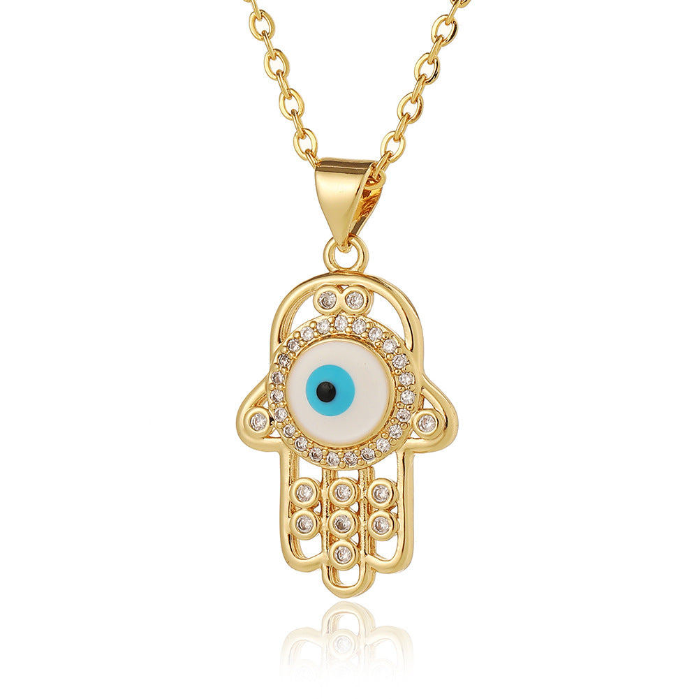 Retro Romantic Palm Eye Copper Plating Inlay Zircon Gold Plated Pendant Necklace