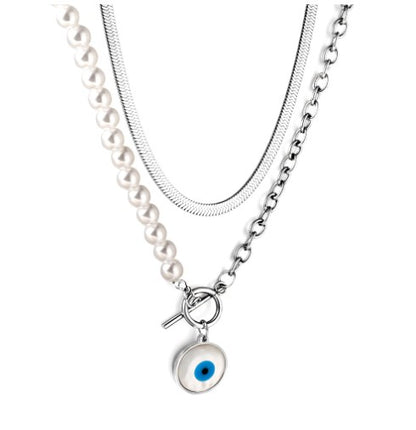 Retro Round Letter Devil's Eye Stainless Steel Inlay Artificial Pearls Necklace