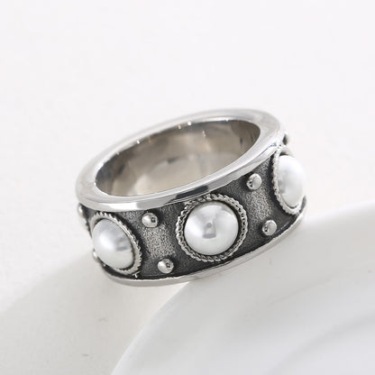 Retro Round Artificial Pearls Stainless Steel Wholesale Rings