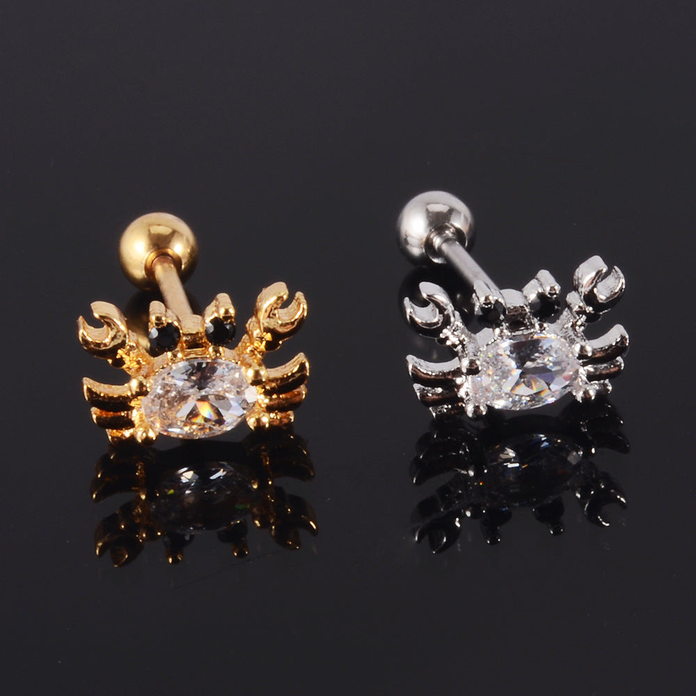 1 Piece Retro Starfish Crab Stainless Steel Copper Inlay Zircon Ear Studs