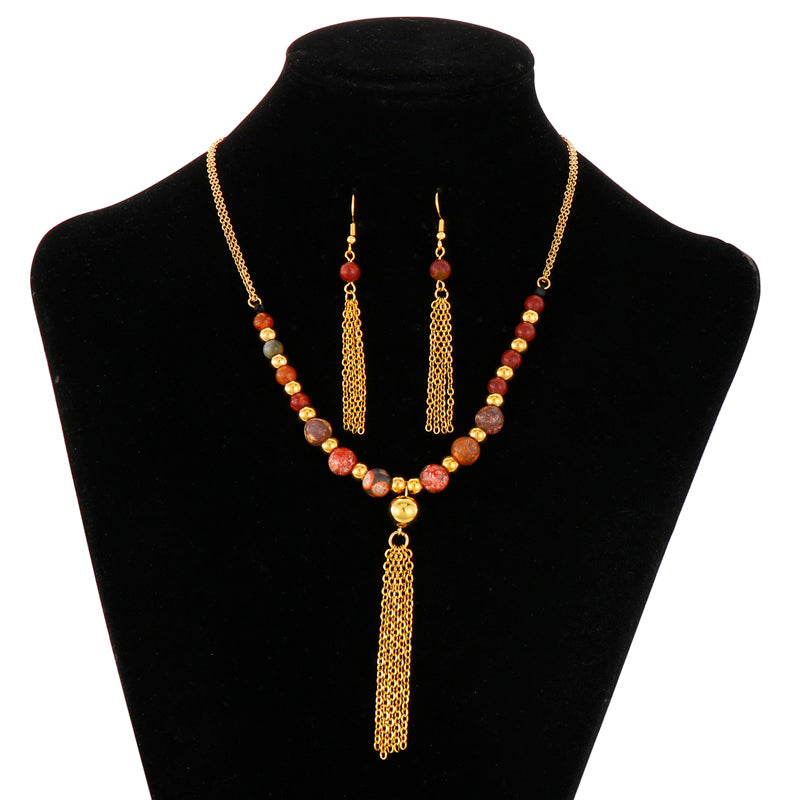 Wholesale Retro Tassel Titanium Steel Agate Earrings Necklace