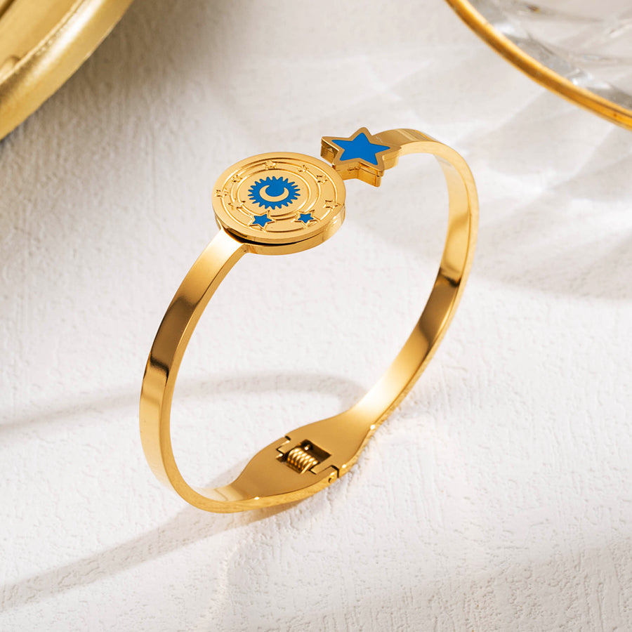 Cute Artistic Star Moon Stainless Steel Enamel Hollow Out 18k Gold Plated Bangle