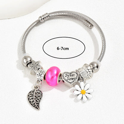 Cute Fashion Sweet Devil's Eye Feather Flower Stainless Steel Plating Inlay Zircon White Gold Plated Bangle