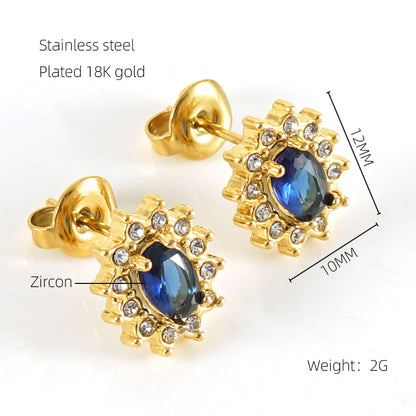 1 Pair Glam Sun Water Droplets Heart Shape Inlay Stainless Steel Rhinestones Zircon 18k Gold Plated Ear Studs