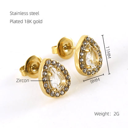 1 Pair Glam Sun Water Droplets Heart Shape Inlay Stainless Steel Rhinestones Zircon 18k Gold Plated Ear Studs