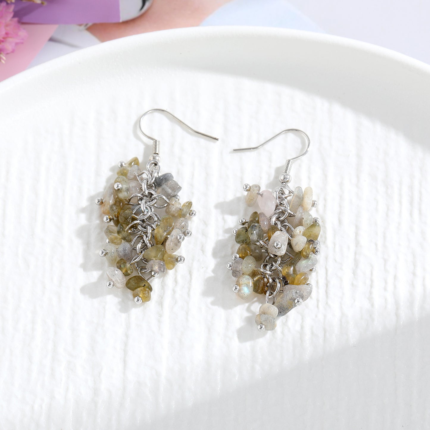 1 Pair Retro Printing Natural Stone Crystal Drop Earrings