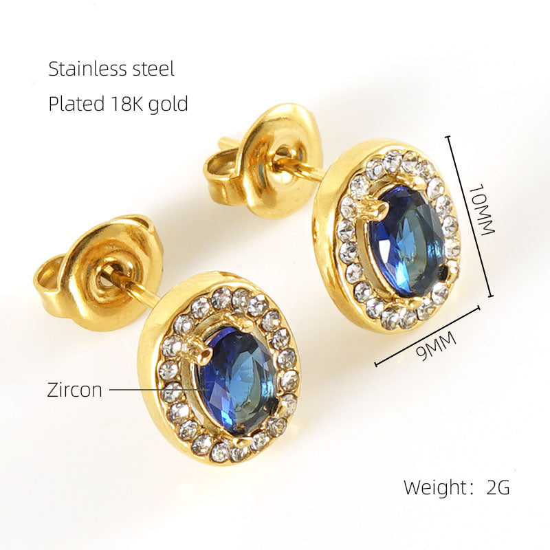 1 Pair Shiny Oval Stainless Steel Inlay Zircon 18k Gold Plated Ear Studs