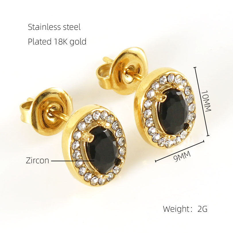 1 Pair Shiny Oval Stainless Steel Inlay Zircon 18k Gold Plated Ear Studs