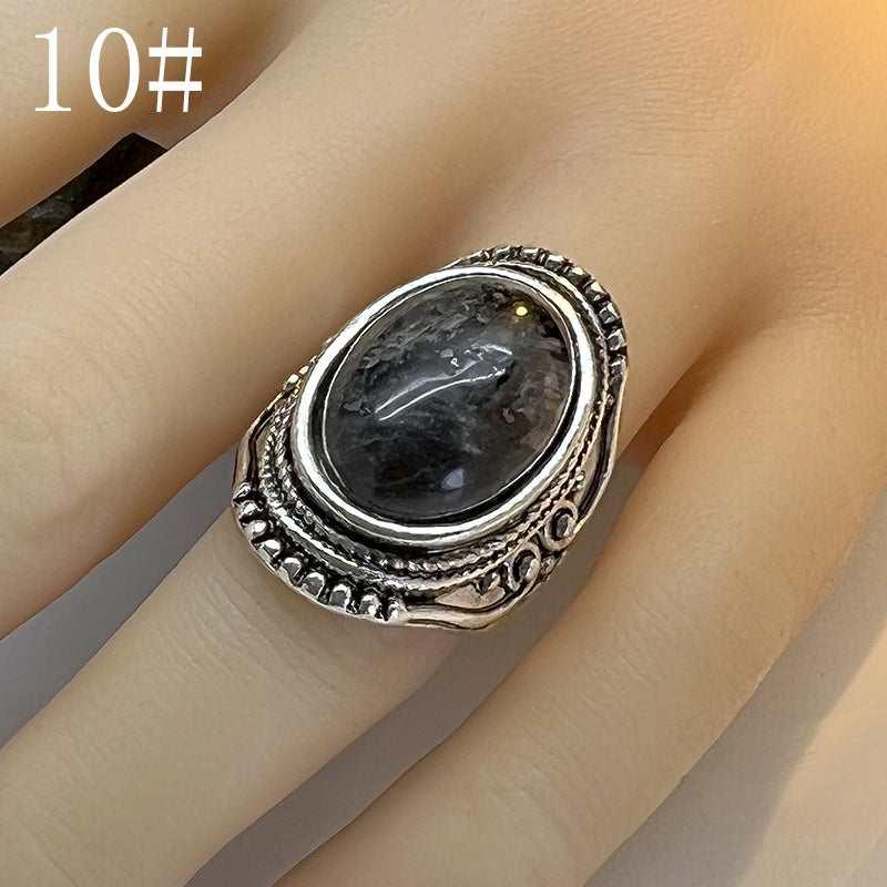 Retro Natural Stone Flash Stone Ring Ethnic Style Carved Exaggerated Ring