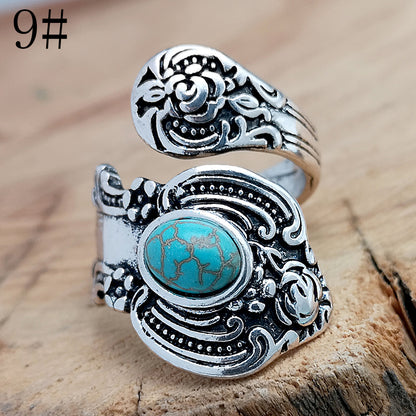 Creative Flower Rose Carved Exaggerated Retro Turquoise Ring Wholesale