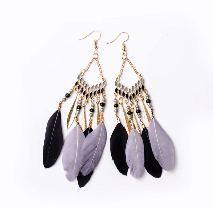 Wholesale Jewelry 1 Pair Bohemian Water Droplets Tassel Feather Alloy Feather Drop Earrings