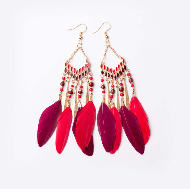 Wholesale Jewelry 1 Pair Bohemian Water Droplets Tassel Feather Alloy Feather Drop Earrings