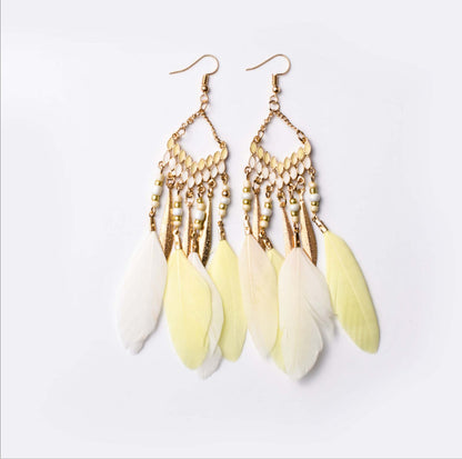 Wholesale Jewelry 1 Pair Bohemian Water Droplets Tassel Feather Alloy Feather Drop Earrings