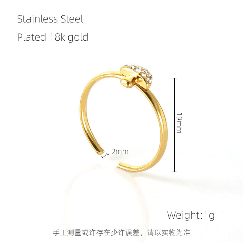 Wholesale Simple Style Four Leaf Clover Letter Mushroom Stainless Steel 18k Gold Plated Rhinestones Open Ring