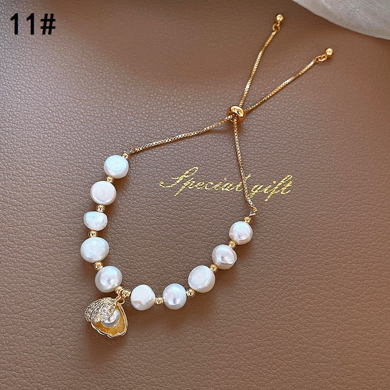 Elegant Round Alloy Freshwater Pearl Beaded Plating Inlay Rhinestones Bracelets