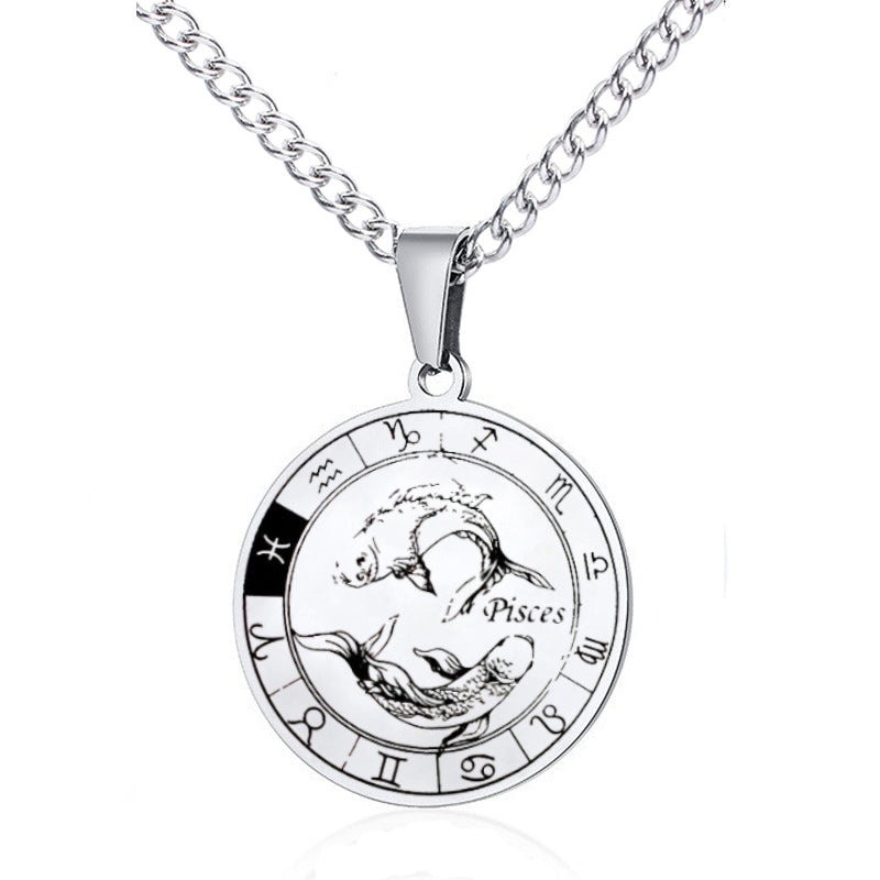 Simple Style Streetwear Round Constellation Stainless Steel Carving Pendant Necklace