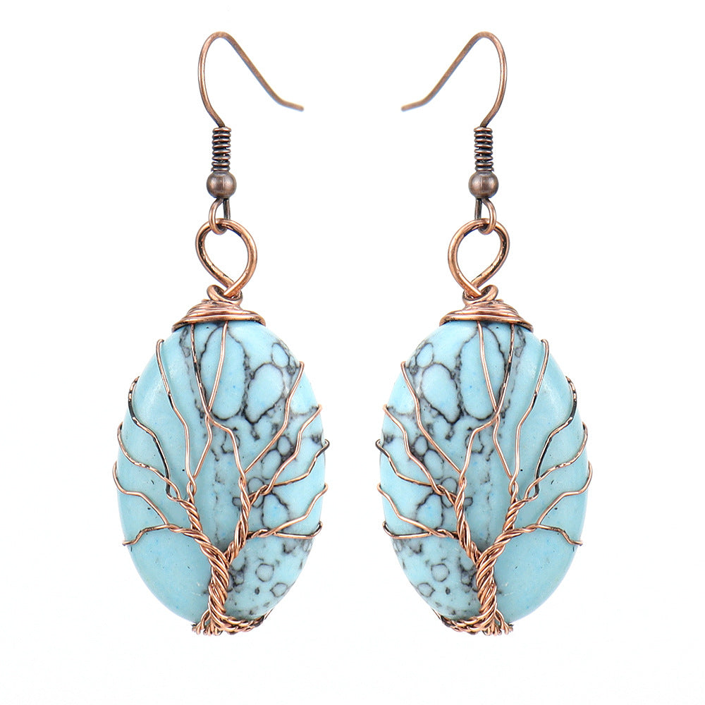 1 Pair Ethnic Style Tree Oval Alloy Natural Stone Handmade Drop Earrings