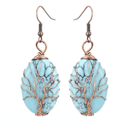 1 Pair Ethnic Style Tree Oval Alloy Natural Stone Handmade Drop Earrings