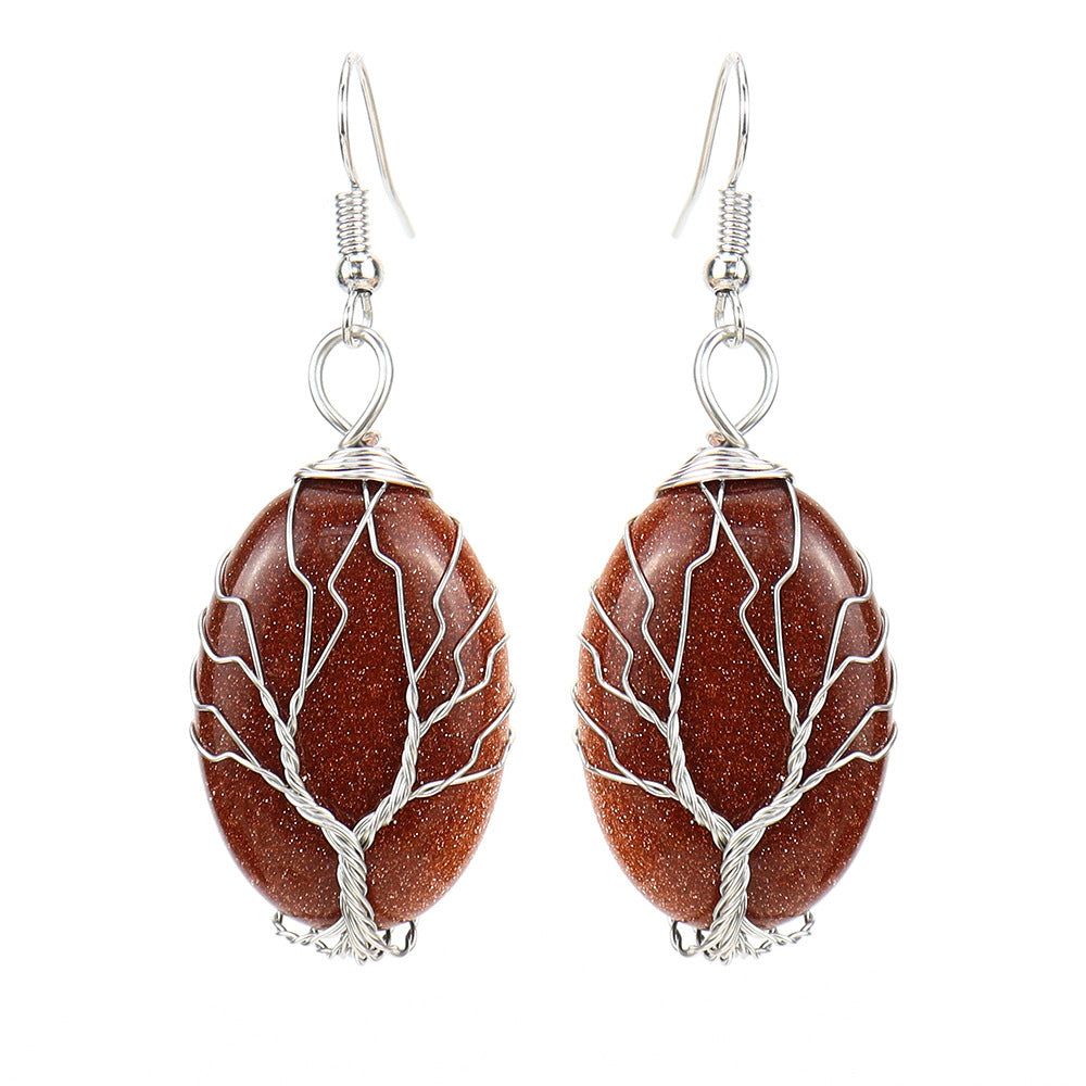 1 Pair Ethnic Style Tree Oval Alloy Natural Stone Handmade Drop Earrings