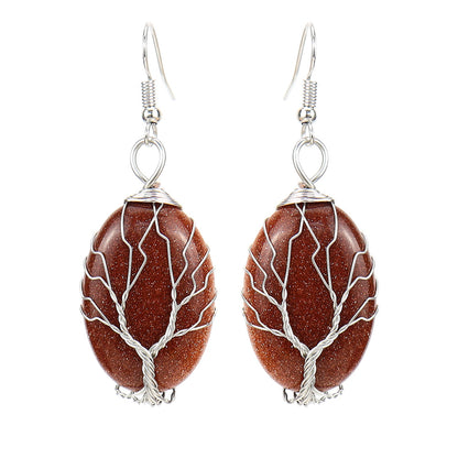 1 Pair Ethnic Style Tree Oval Alloy Natural Stone Handmade Drop Earrings