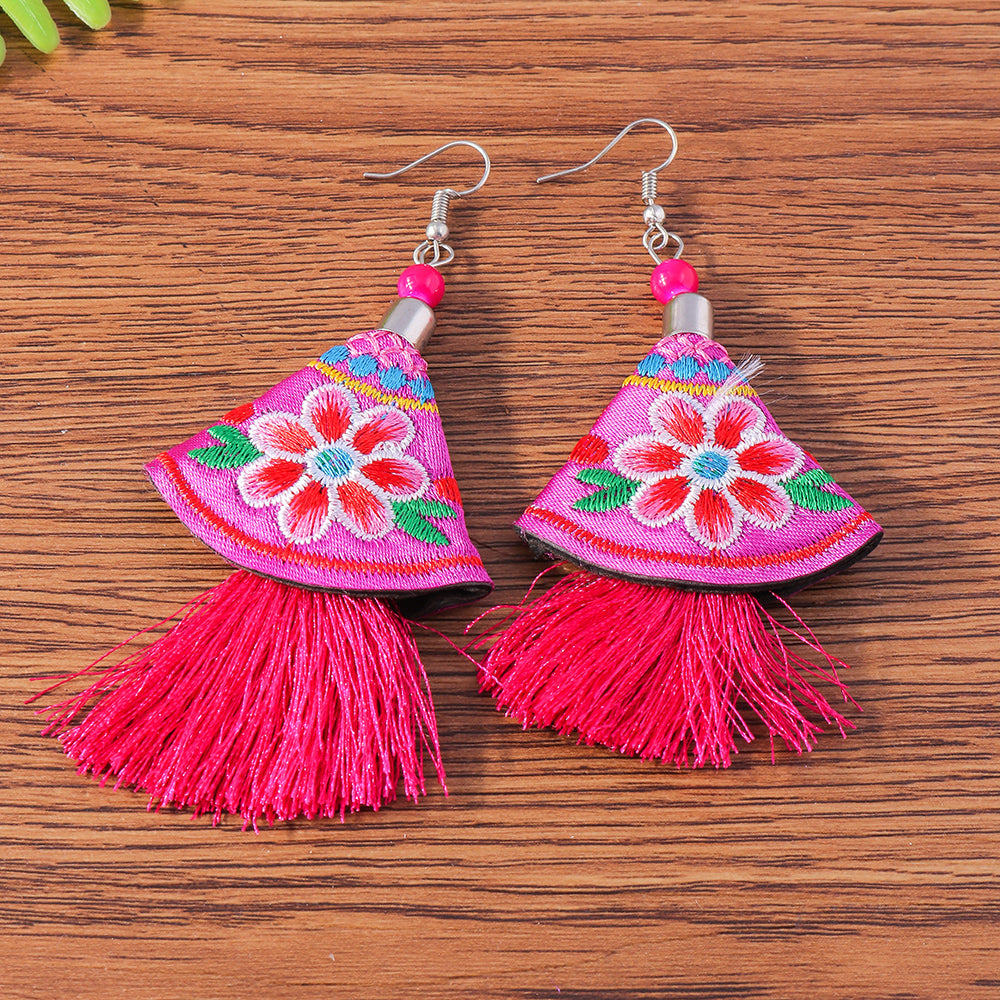 Ethnic Style Sector Cloth Embroidery Women's Drop Earrings