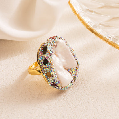 Vacation Oval Copper Gold Plated Pearl Zircon Open Ring In Bulk