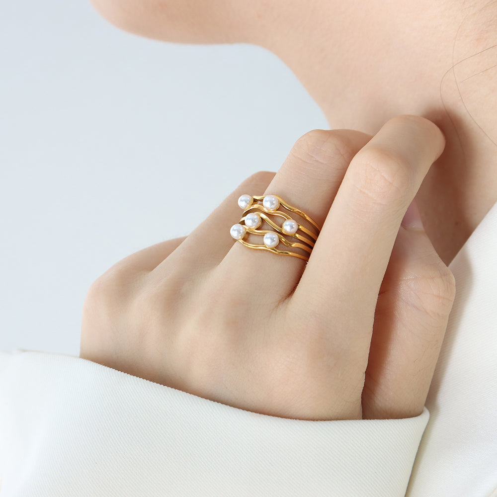 Elegant Sweet Geometric Titanium Steel Water Ripples Plating Inlay Artificial Pearls 18k Gold Plated Open Ring Wave Ring